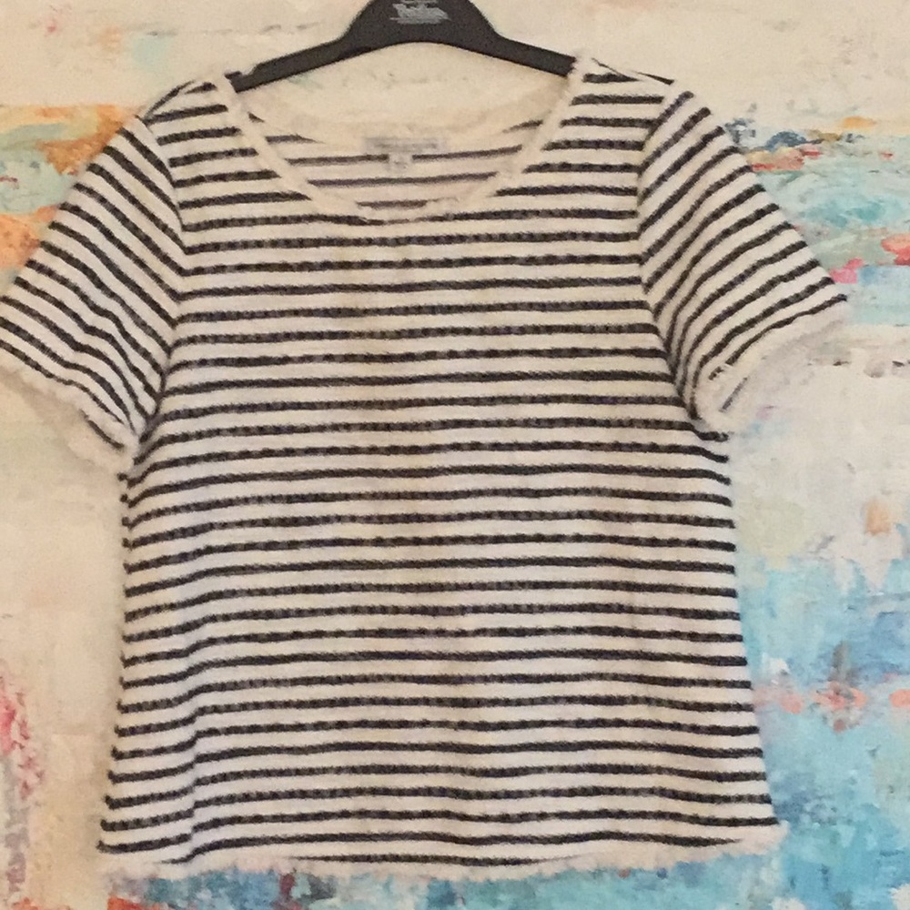 Navy & Cream Striped Top Texture Cotton Fringe USA - Picture 1 of 8